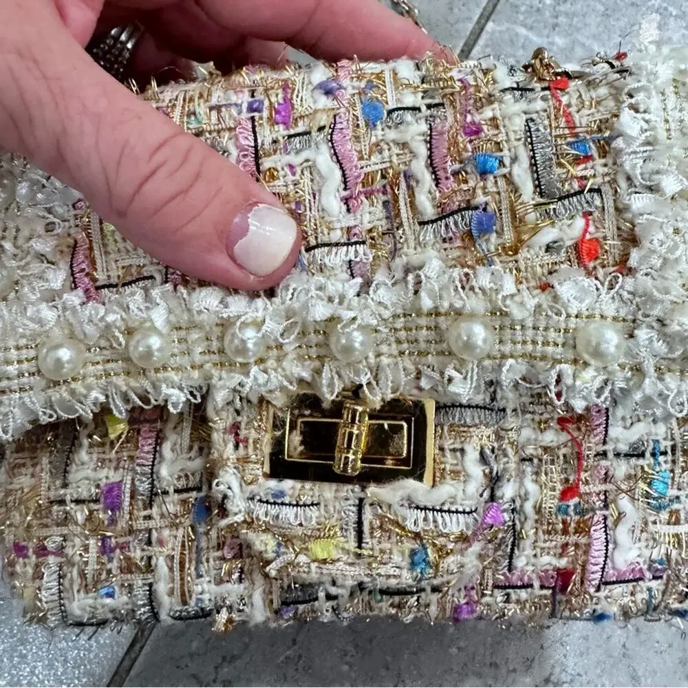 Chic Tweed Pearl-Embellished Bag